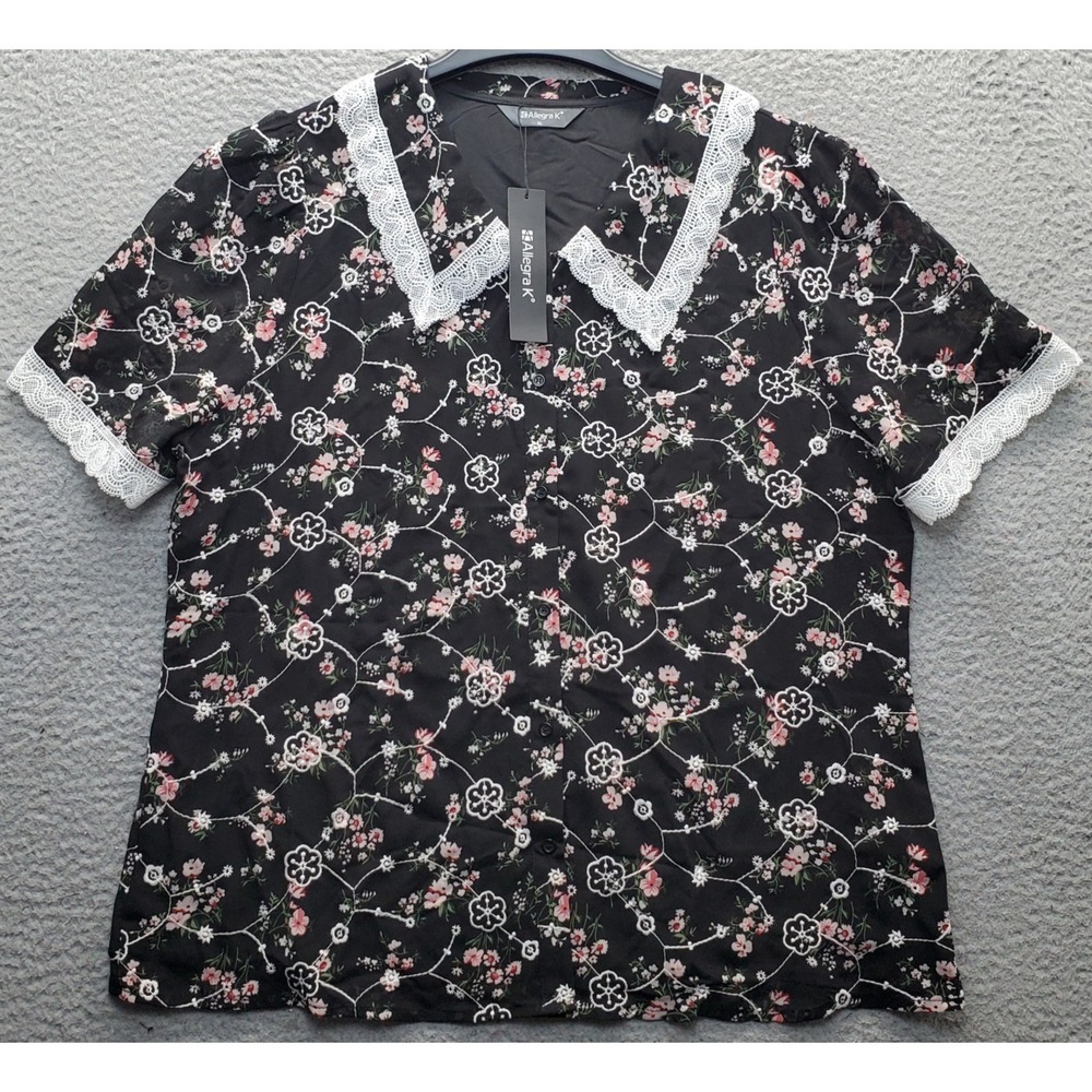 Allegra K Shirt Women XL Multi Floral Lace Trim Short Sleeve Collar Button Front